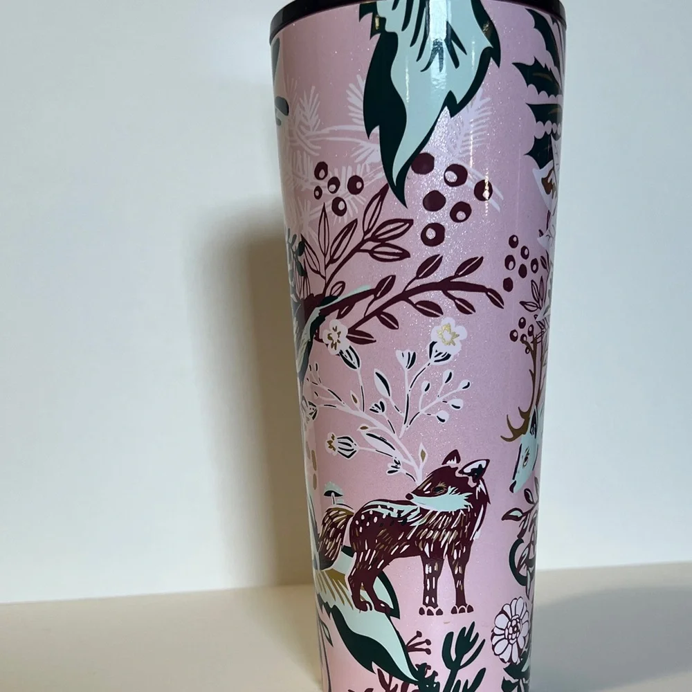 RARE Starbucks 2022 Holiday Pink Enchanted Forest Stainless Steel Tumbler 24 Oz
